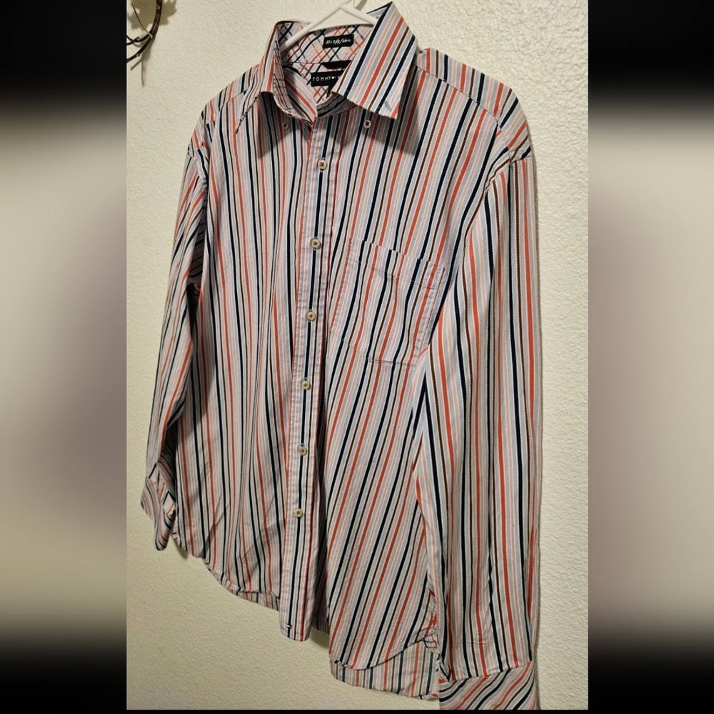 VTG 90s Tommy Hilfiger Striped Shirt Mens Medium 80s 2-Ply Cotton Red Navy Blue
